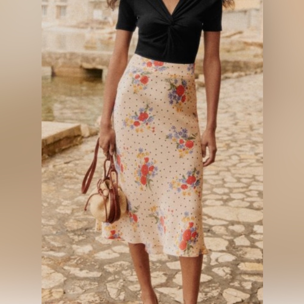 Sezane Floral Midi Skirt - Cream and Multicolor